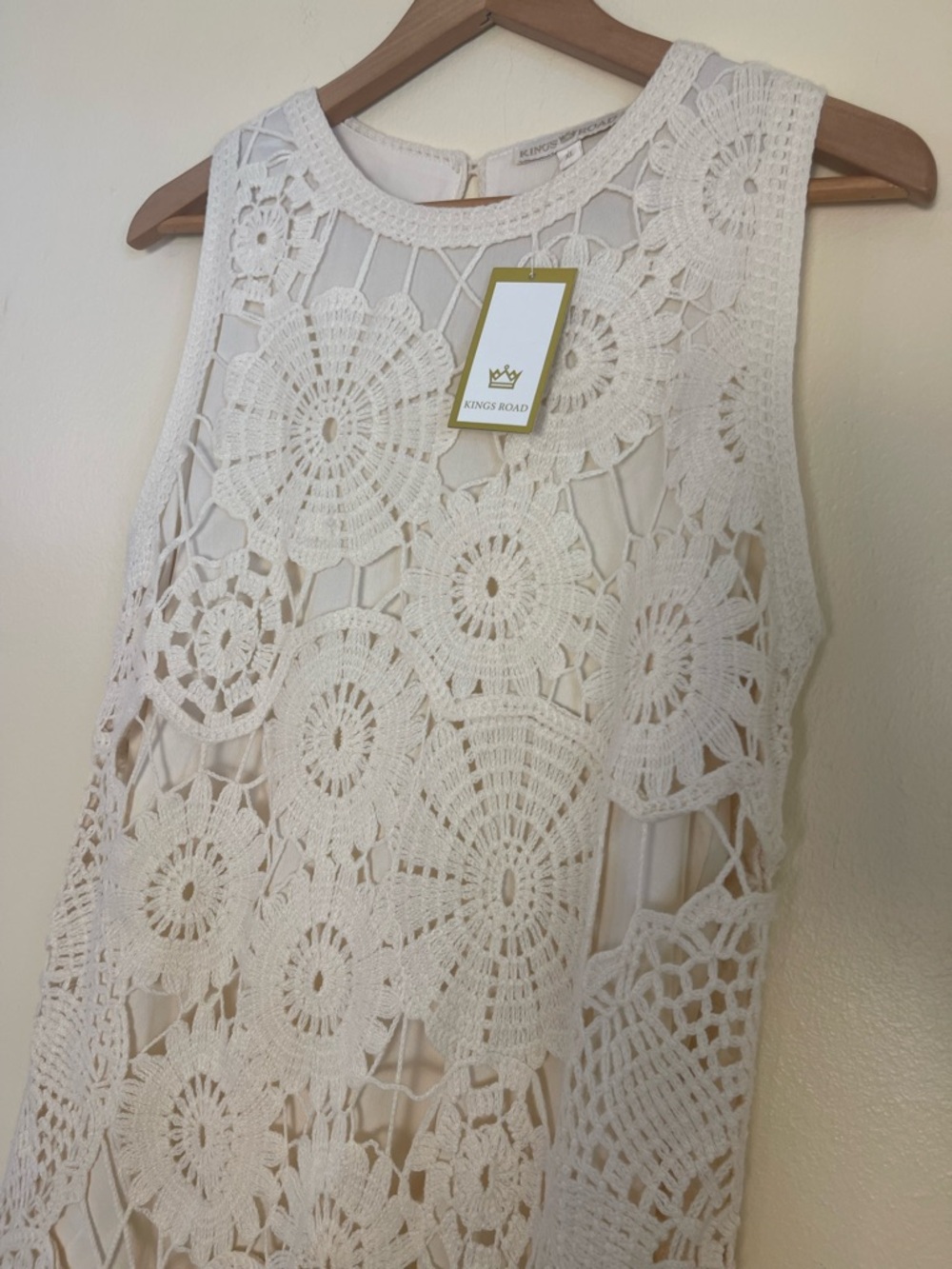Boho Ivory Crochet Lace Shift Dress XL Lined Open Knit Coastal Wedding Guest - Picture 8 of 14